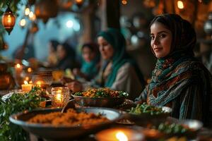 ai gegenereerd moslim familie en vrienden bijeenkomst gedurende Ramadan met heerlijk gerechten Aan de tafel. iftar diner. generatief ai foto