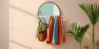 ai gegenereerd modieus kleren Aan hangers in een minimalistische interieur. mode tonen kamer interieur. generatief ai foto