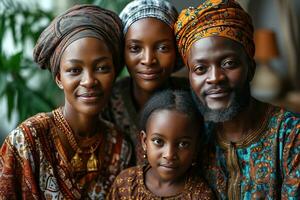 ai gegenereerd portret van een gelukkig Afrikaanse moslim familie in traditioneel kleren. generatief ai foto