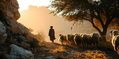 ai gegenereerd een midden- oostelijk Mens kuddes een kudde van schapen in een woestijn vallei Bij zonsondergang. generatief ai foto