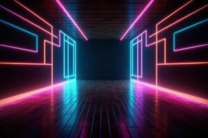 ai gegenereerd modern donker kamer met gloeiend neon lijnen met retro 80s stijl. futuristische interieur met laser effect. generatief ai foto