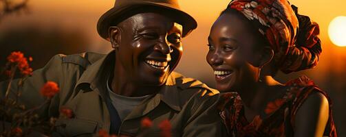 ai gegenereerd romantisch ouderen Afrikaanse paar omarmen elk andere met zonsondergang visie. generatief ai foto