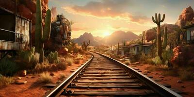 ai gegenereerd roestig spoorweg bijhouden Aan western woestijn. verlaten trein spoor. generatief ai foto