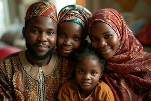 ai gegenereerd portret van een gelukkig Afrikaanse moslim familie in traditioneel kleren. generatief ai foto