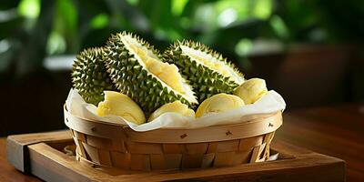 ai gegenereerd detailopname van vers durian fruit. durian in een mand. generatief ai foto