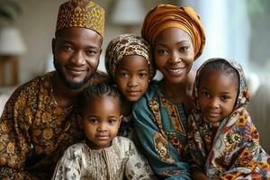 ai gegenereerd portret van een gelukkig Afrikaanse moslim familie in traditioneel kleren. generatief ai foto