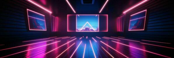 ai gegenereerd modern donker kamer met gloeiend neon lijnen met retro 80s stijl. futuristische interieur met laser effect. generatief ai foto