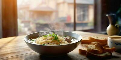 ai gegenereerd een kom van heet noodle soep Aan houten tafel. generatief ai foto