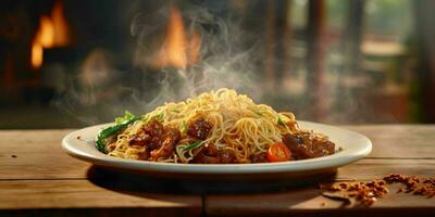 ai gegenereerd heerlijk gebakken noodle met rokerig effect Aan een houten tafel. generatief ai foto