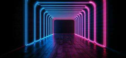 ai gegenereerd modern donker kamer met gloeiend neon lijnen met retro 80s stijl. futuristische interieur met laser effect. generatief ai foto