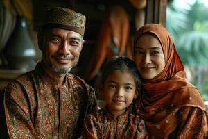 ai gegenereerd portret van een gelukkig Aziatisch moslim familie in traditioneel kleren. generatief ai foto