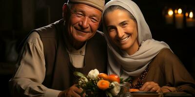 ai gegenereerd gelukkig en romantisch oud moslim paar. generatief ai foto