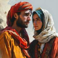 ai gegenereerd portret van een midden- oostelijk moslim paar in traditioneel jurk. generatief ai foto