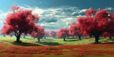 ai gegenereerd illustratie van bomen met rood bladeren in een groot gras veld. mooi landschap. generatief ai foto