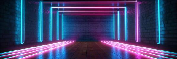 ai gegenereerd modern donker kamer met gloeiend neon lijnen met retro 80s stijl. futuristische interieur met laser effect. generatief ai foto