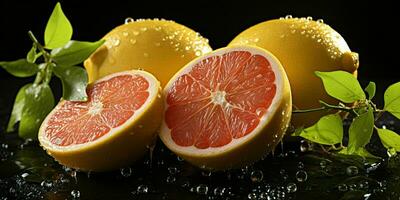 ai gegenereerd gesneden vers grapefruits met water druppels. pomelo vruchten. generatief ai foto