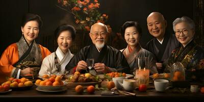 ai gegenereerd gelukkig Aziatisch ouderen familie bijeenkomst samen in traditioneel kleren met gerechten Aan de tafel, vieren Chinese nieuw jaar. generatief ai foto