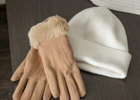 dichtbij omhoog schot van de warm, wollen hoed, sjaal en handschoenen Aan de houten tafel. seizoen foto