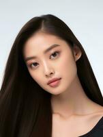 ai gegenereerd mooi jong Aziatisch vrouw lang Rechtdoor haar- met Koreaans stijl bedenken en perfect schoon huid Aan geïsoleerd wit achtergrond, ai generatief foto