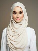 ai gegenereerd portret van een jong vrouw vervelend een hijaab, een schoonheid Product model- met een wit en schoon gezicht, elegant poseren, studio foto, geïsoleerd wit achtergrond foto