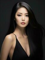 ai gegenereerd portret van mooi Aziatisch vrouw met lang zwart haar- Aan geïsoleerd achtergrond, ai generatief foto
