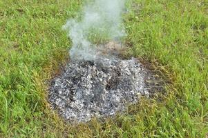 een vreugdevuur met droge planten brandt op een perceel met vuur en rook foto