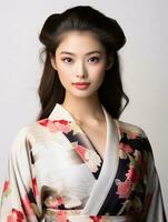 ai gegenereerd portret van een jong Japans vrouw model- vervelend een kimono poseren sierlijk, geïsoleerd wit achtergrond, ai generatief foto