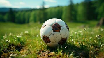 ai gegenereerd voetbal bal Aan groen gras in de veld. sport- achtergrond foto