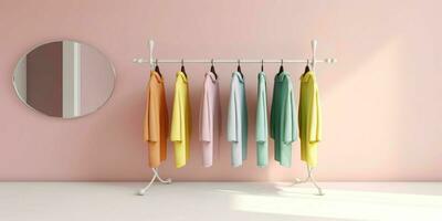 ai gegenereerd modieus kleren Aan hangers in een minimalistische interieur. mode tonen kamer interieur. generatief ai foto