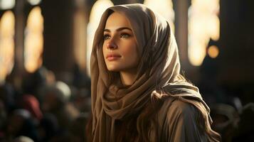 ai gegenereerd mooi moslim vrouw in hijab zit in moskee, luisteren naar preek, generatief ai foto