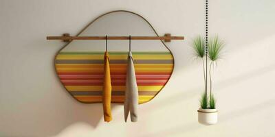 ai gegenereerd modieus kleren Aan hangers in een minimalistische interieur. mode tonen kamer interieur. generatief ai foto