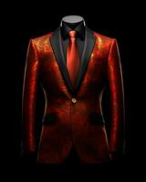 ai gegenereerd luxe en elegant rood Mannen pak met abstract motief geïsoleerd Aan zwart achtergrond. generatief ai foto