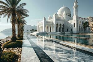 ai gegenereerd mooi minimalistische wit moskee in de woestijn met palm boom en lucht keer bekeken. generatief ai foto