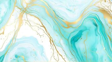 ai gegenereerd pastel cyaan munt vloeistof marmeren waterverf achtergrond met goud lijnen en borstel vlekken foto