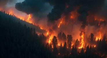 ai gegenereerd Woud brand ramp illustratie. beschadigd milieu veroorzaakt door globaal opwarming. wildvuur natuur verwoesting foto