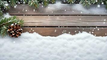 ai gegenereerd winter feestelijk Kerstmis achtergrond met Spar takken kegels en sneeuw Aan houten structuur foto
