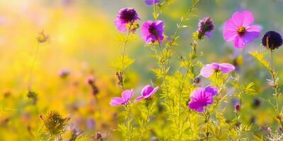 ai gegenereerd mooi weide met kleurrijk bloemen in de zonlicht. natuur achtergrond foto