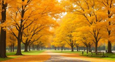 ai gegenereerd leeg park pad bekleed met banken onder levendig herfst bomen foto