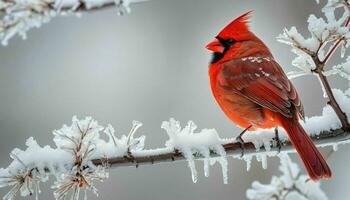 ai gegenereerd rood vogel Aan Afdeling gedekt in sneeuw foto