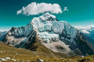 ai gegenereerd glaciaal berg top met wolk pet foto