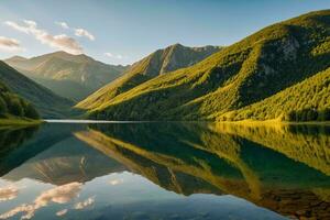 ai gegenereerd meer reflectie met berg backdrop foto