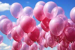 ai gegenereerd detailopname van roze ballonnen vliegend in de lucht. foto