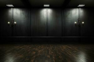 ai gegenereerd donker minimalistische leven kamer Bij nacht met glinstert van interieur verlichting. foto