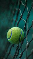 ai gegenereerd dichtbij omhoog tennis bal Aan een tennis netto foto