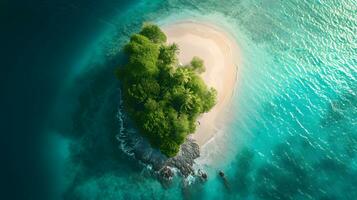 ai gegenereerd antenne visie van tropisch eiland met zanderig strand en palm bomen foto