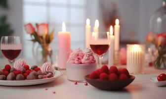 ai gegenereerd brandend kaarsen in kamer versierd voor Valentijnsdag dag, detailopname foto