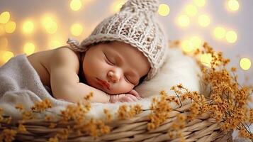 ai gegenereerd portret van een schattig pasgeboren baby slapen in een knus nest Aan een gouden achtergrond met bokeh. ai gegenereerd illustratie. foto