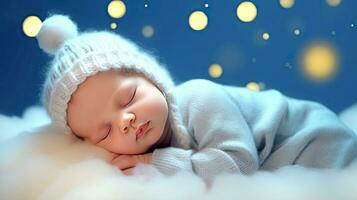 ai gegenereerd schattig slapen baby in een grappig hoed Aan een wazig achtergrond met bokeh. ai gegenereerd illustratie. foto