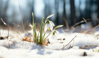 ai gegenereerd mooi sneeuwklokje bloemen groeit in Woud, detailopname. vroeg de lente. selectief focus, bokeh licht foto