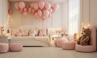 ai gegenereerd kinderen kamer met roze bed, ballonnen en teddy beer. een slaapkamer versierd met roze ballonnen, teddy beren, en geschenk dozen foto